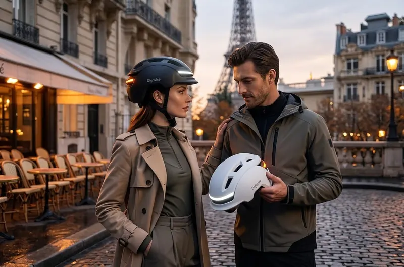 Homme tenant le casque Digiwise NŌVA dans une rue de Paris